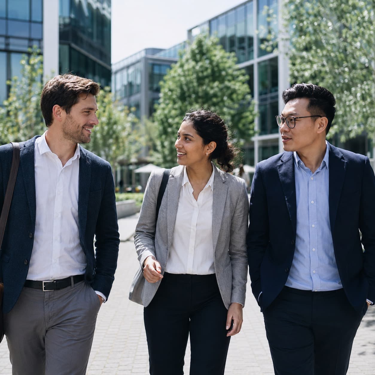 Professionals at a modern business campus